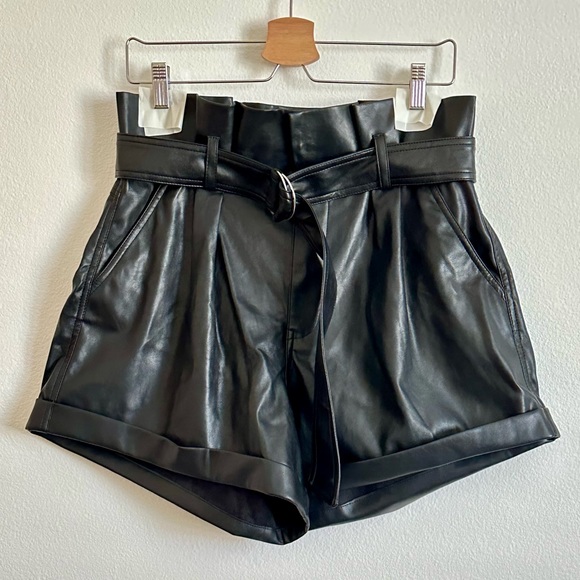 Blank NYC Pants - Blank NYC Black Faux Leather High Waisted Paperbag Shorts Size 29